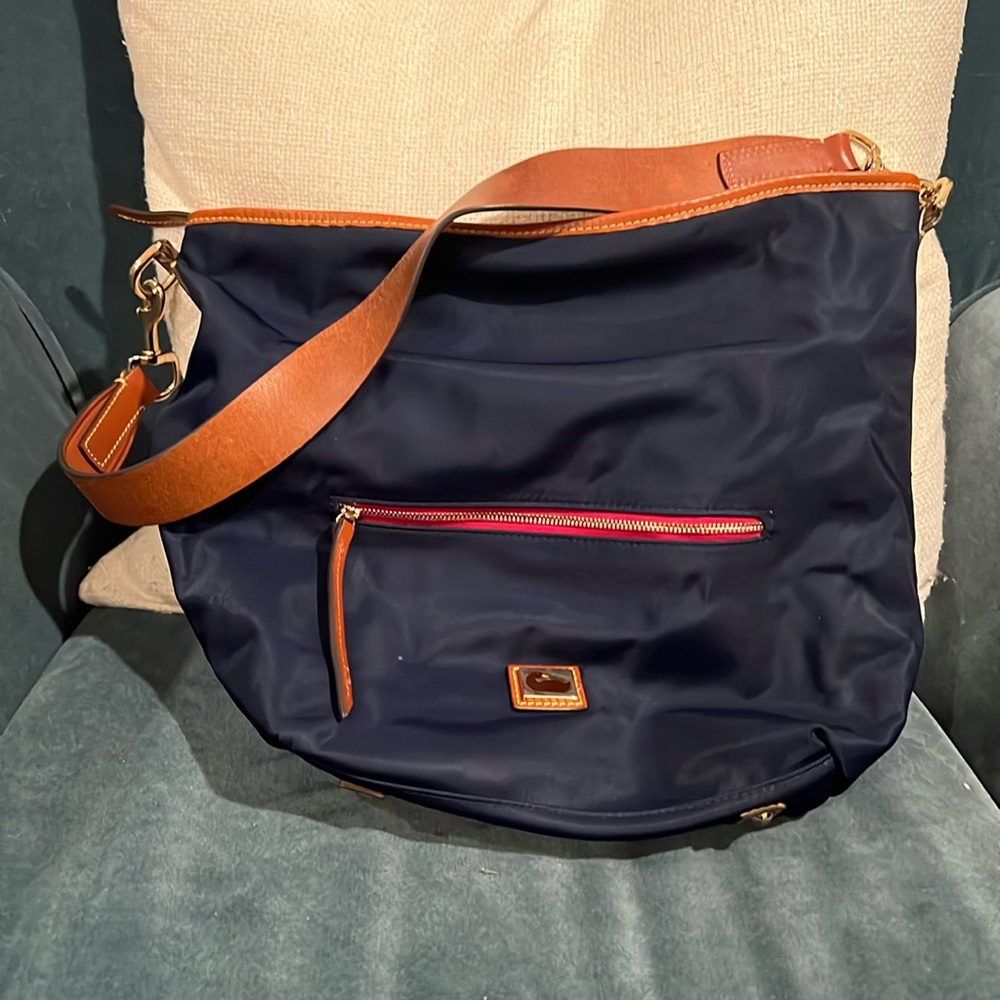 Dooney & Bourque Wayfarer Hobo Bag, navy nylon, blue and white interior